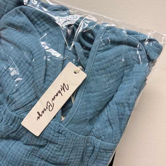 Cotton Gauze Mini Babydoll Blue Dress - Off the Shoulder Puff Sleeve - Picture 3 of 3